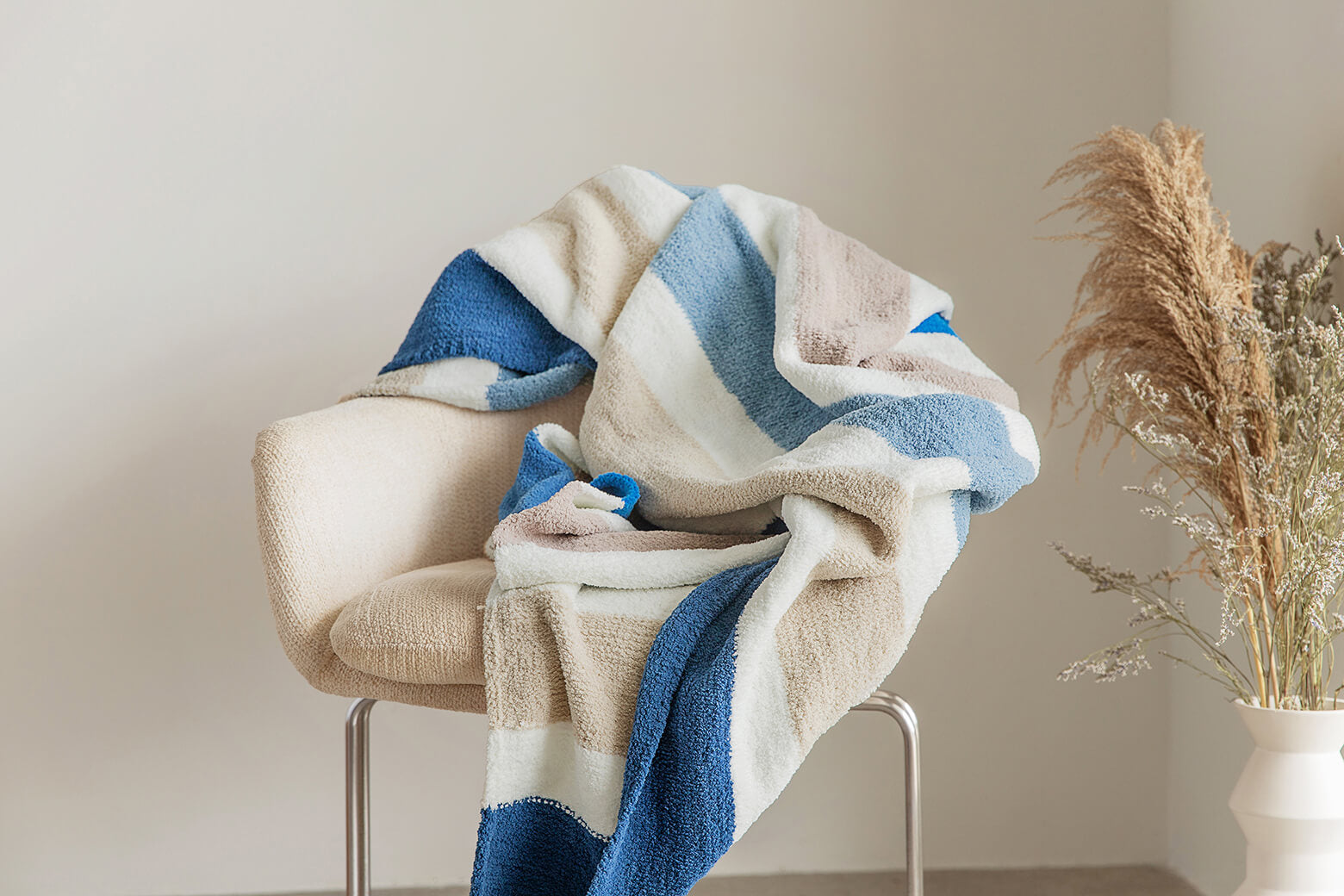 Sunday Citizen Burano Throw in Neutral. Blue and White Neutral Striped Throw Blanket.