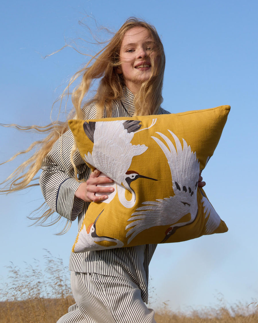 Sunday Citizen Crane Embroidered Throw Pillow Gold