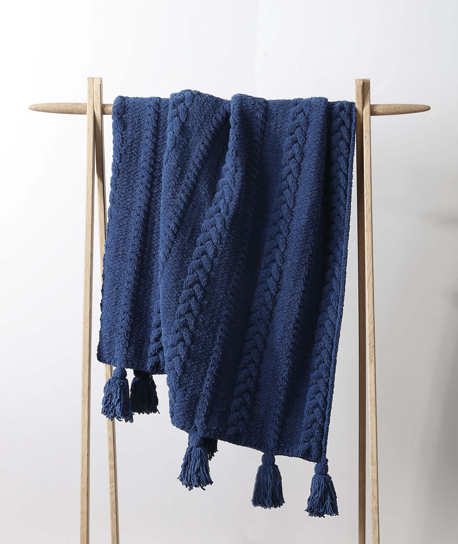 Braided Snug Pom Pom Throw Navy