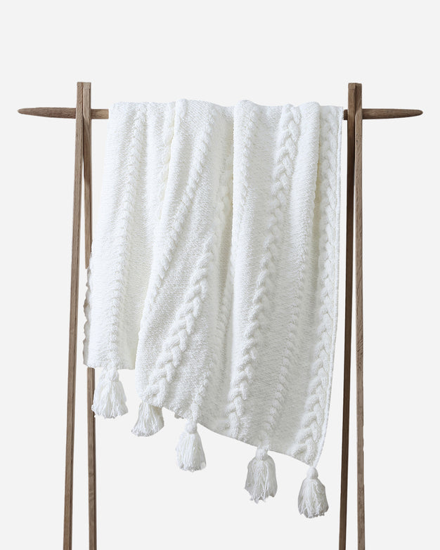 Braided Pom Pom Throw Off White