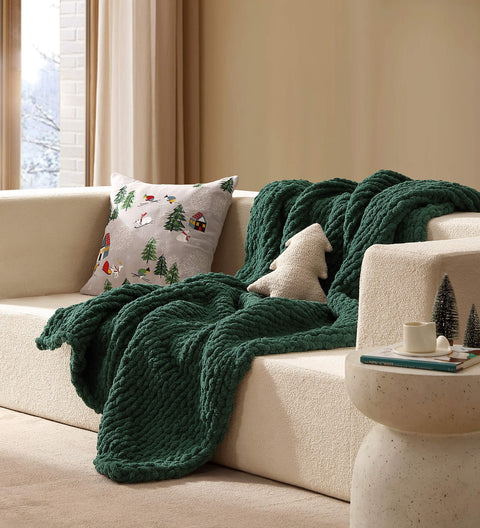 Heavy Snug Throw Knitted Yarn Hunter Green  Slate Grey