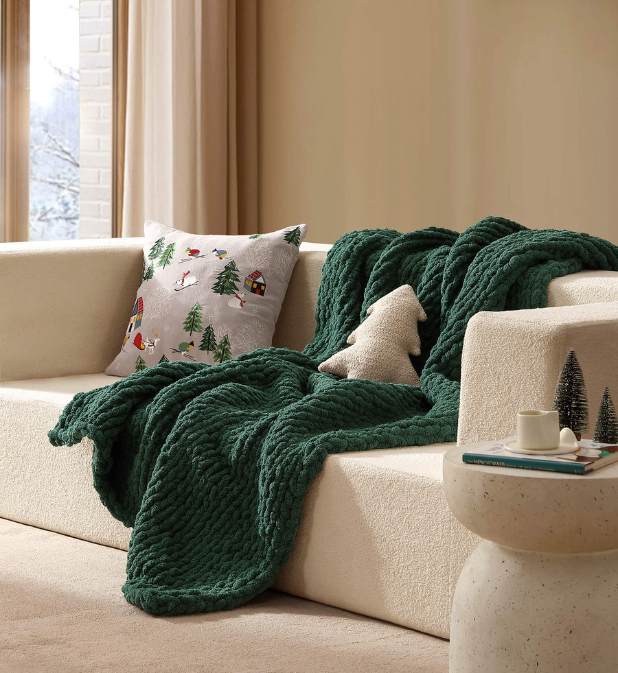 Heavy Snug Throw Knitted Yarn Hunter Green  Slate Grey