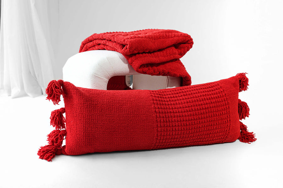 Braided Pom Pom Lumbar Pillow Rouge