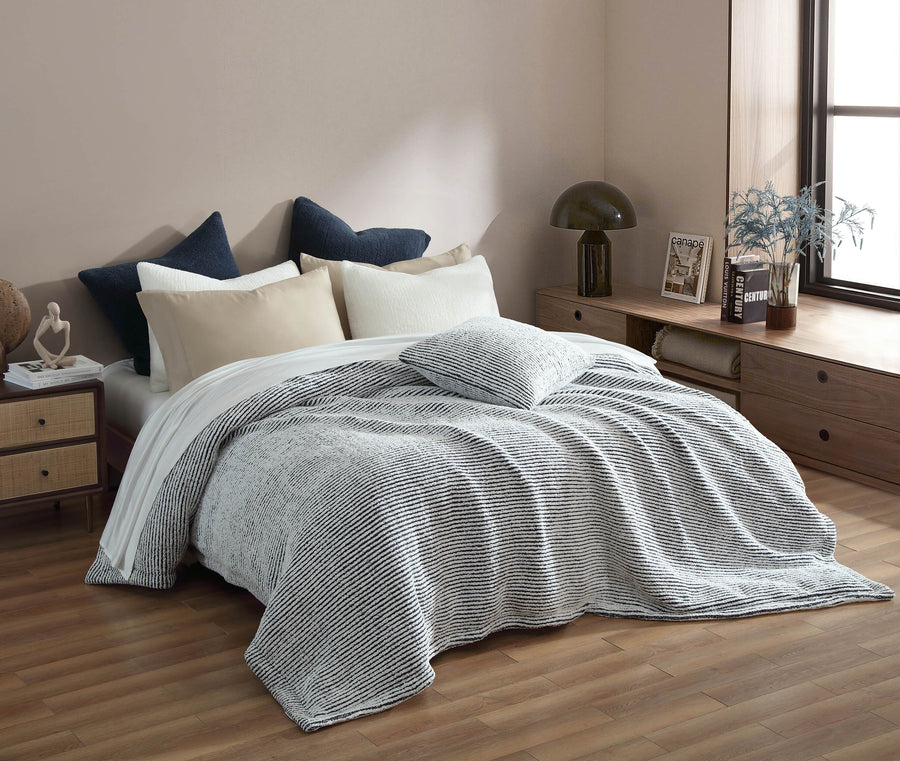 Two-Tone Snug Ribbed Bamboo Duvet Cover Off White - Midnight