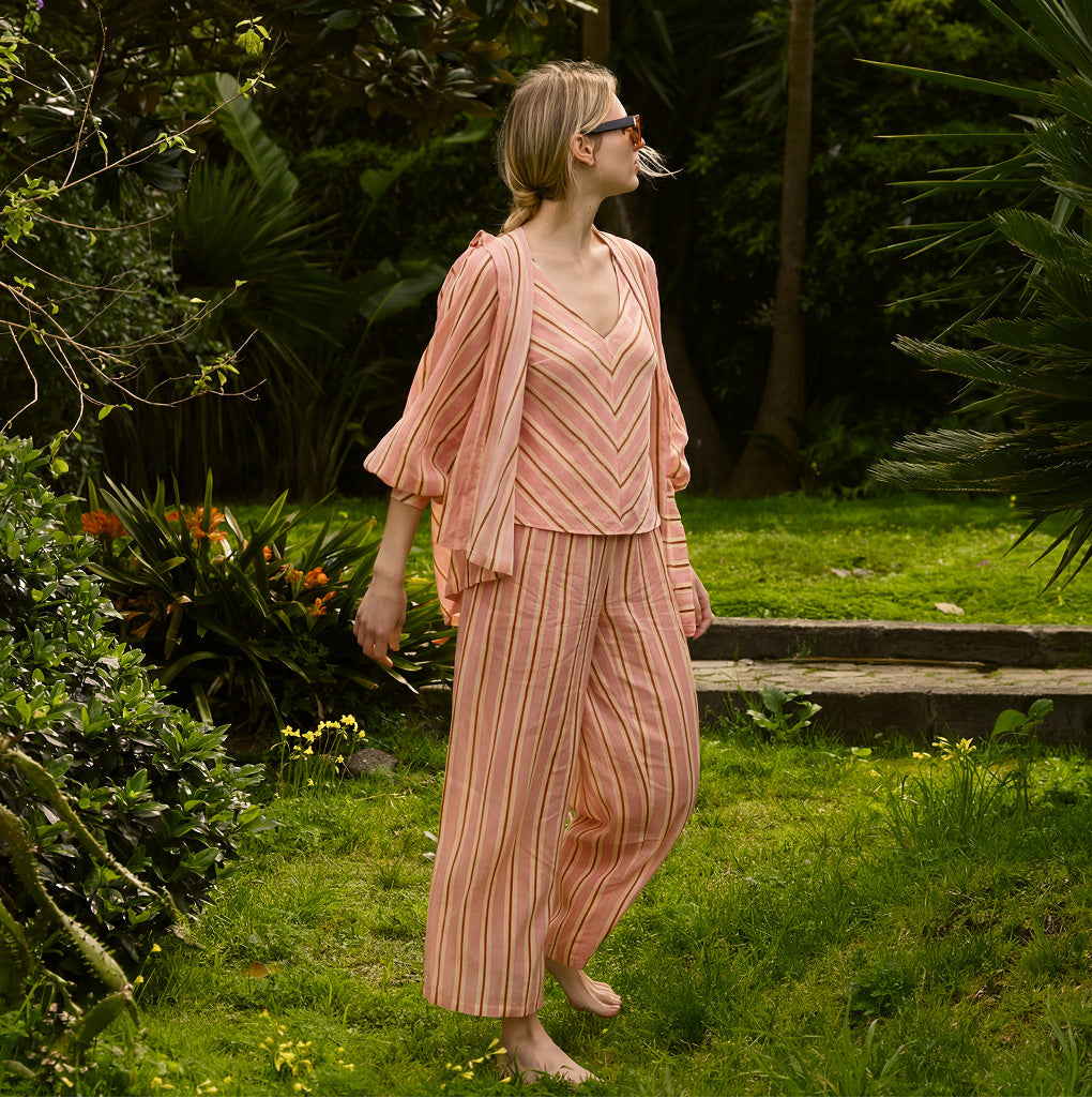 Aurora Cotton Mist Long Pajama Set Light Ochre - Off White