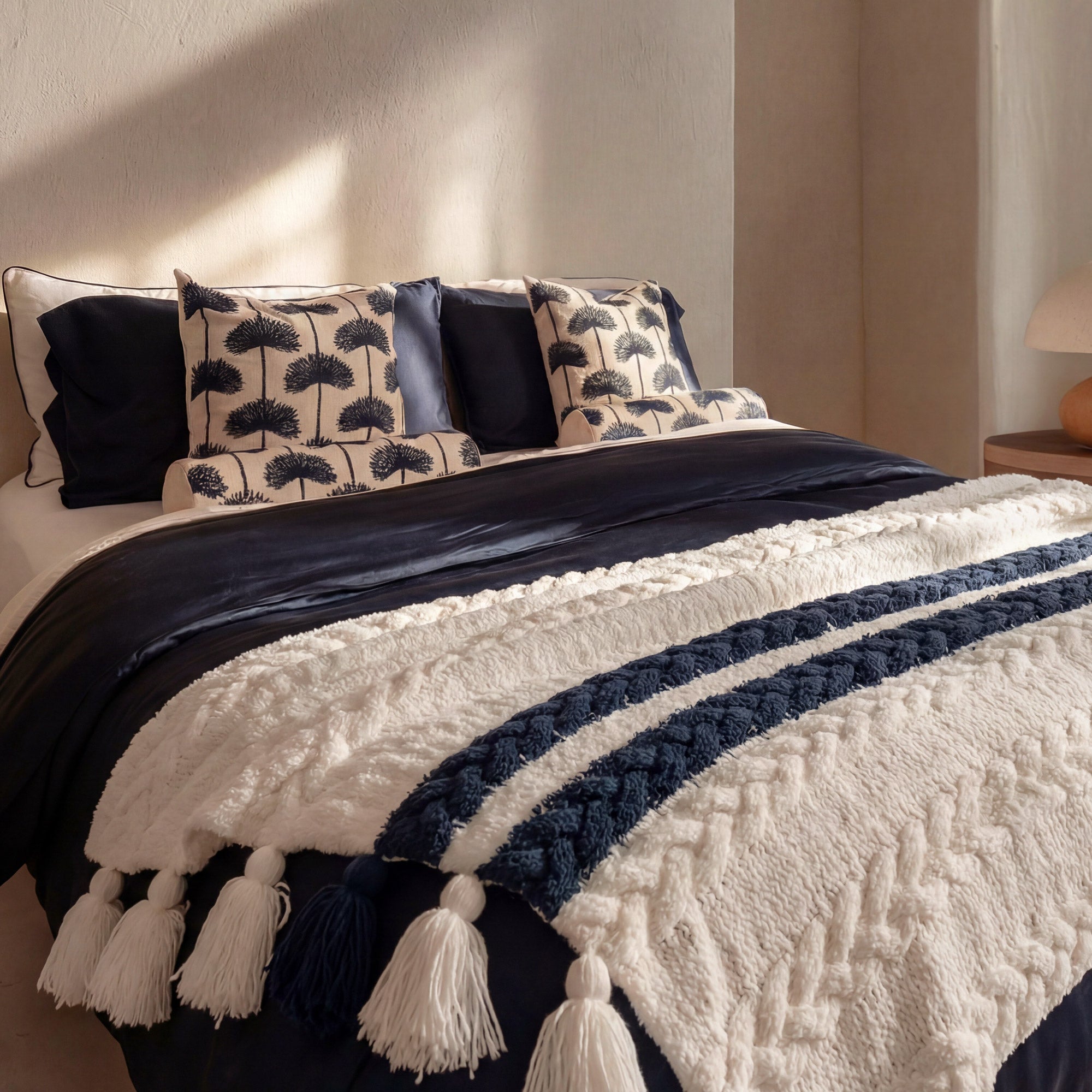Sunday Citizen  Palm Leaf Pillow Navy - Off White styled on a modern bed