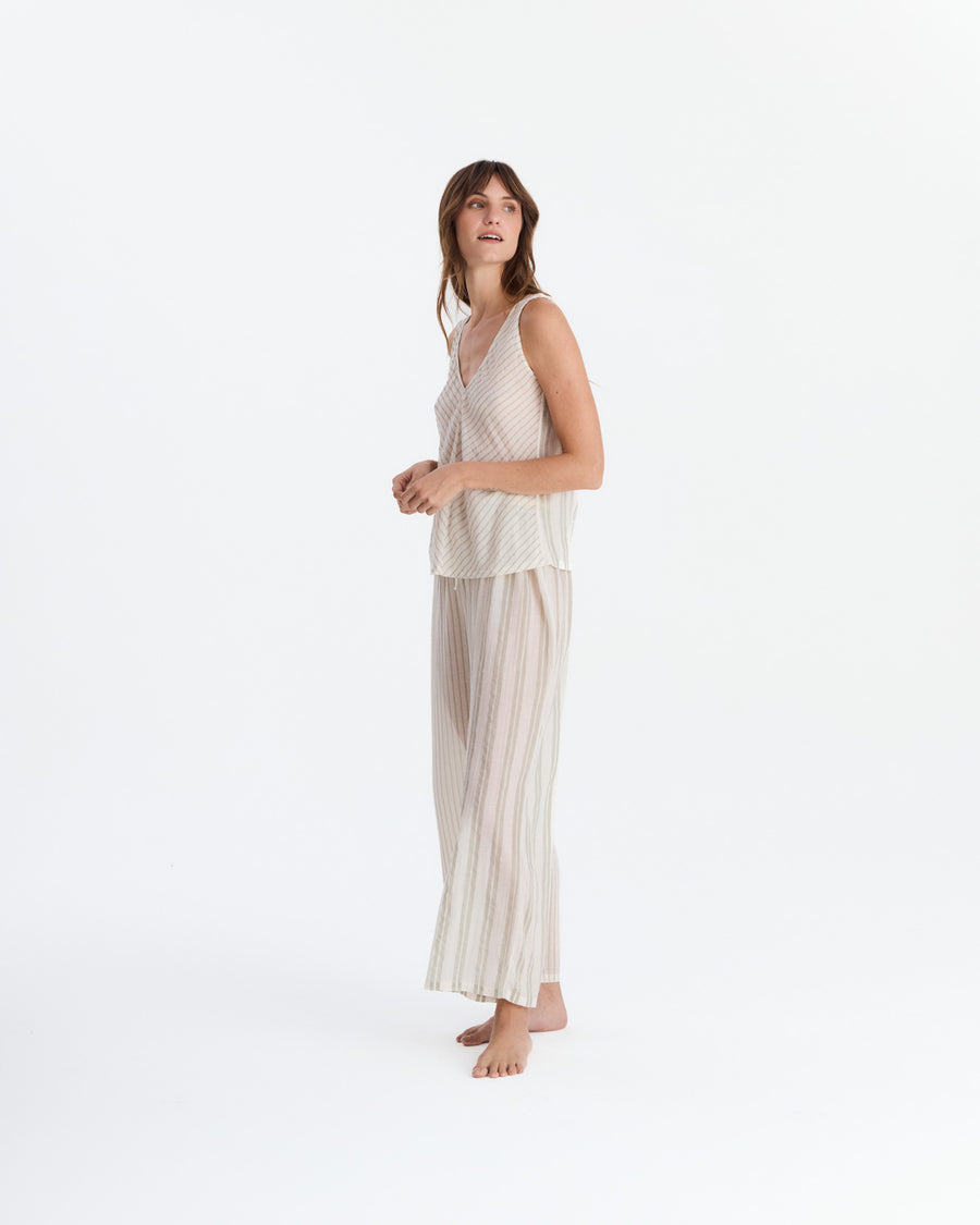 Salvia Cotton Mist Long Pajama Set Light Sage - Off White