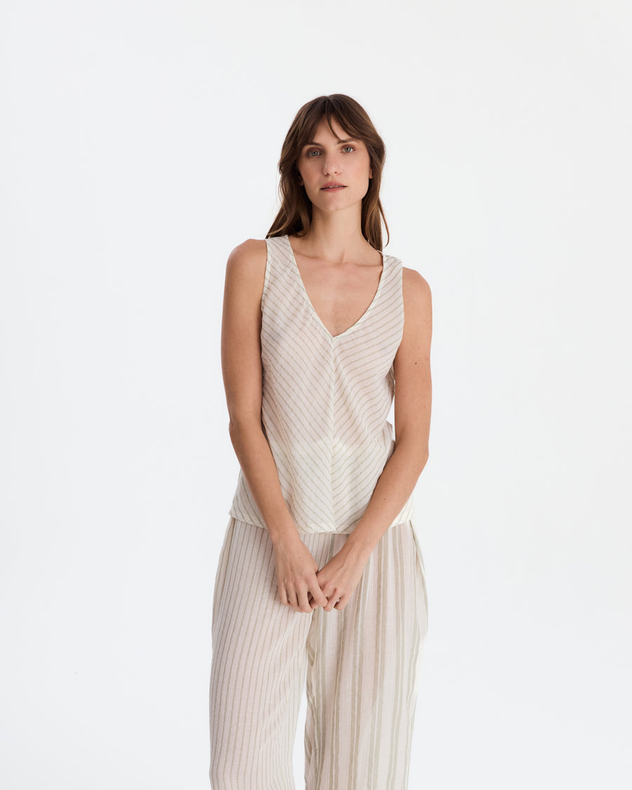 Salvia Cotton Mist Long Pajama Set Light Sage - Off White