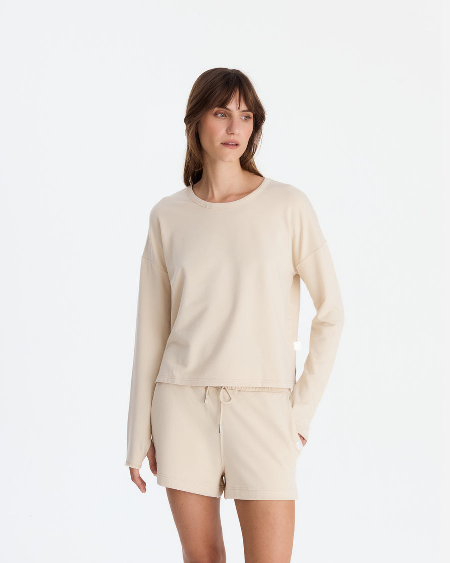 Organic French Terry Long-Sleeved Top and Short in Sahara Tan