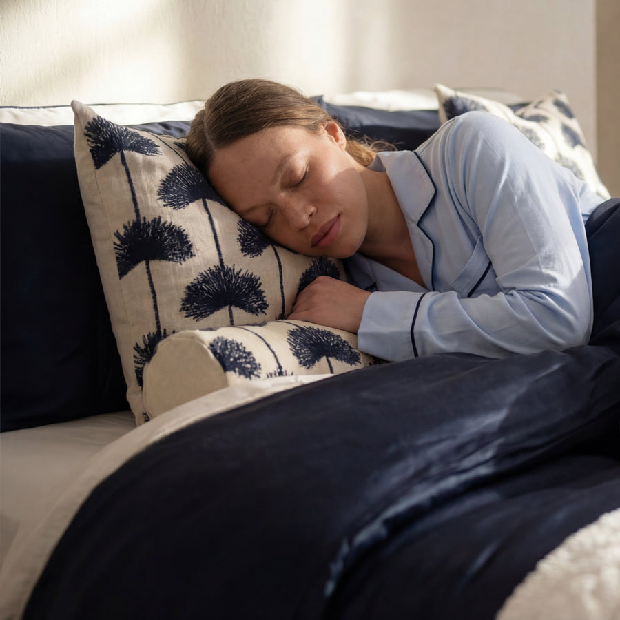 Sunday Citizen Palm Leaf Emb Bolster in Bolster Navy - Off White