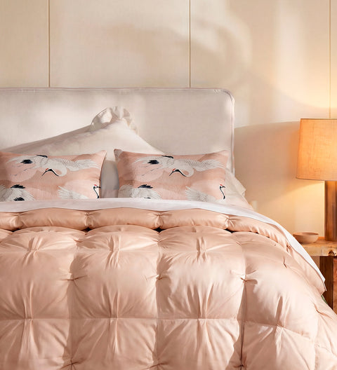 Sunday Citizen Premium Lumière Bubble Comforter and Crane in the Clouds Pillow Pink Sand Blush