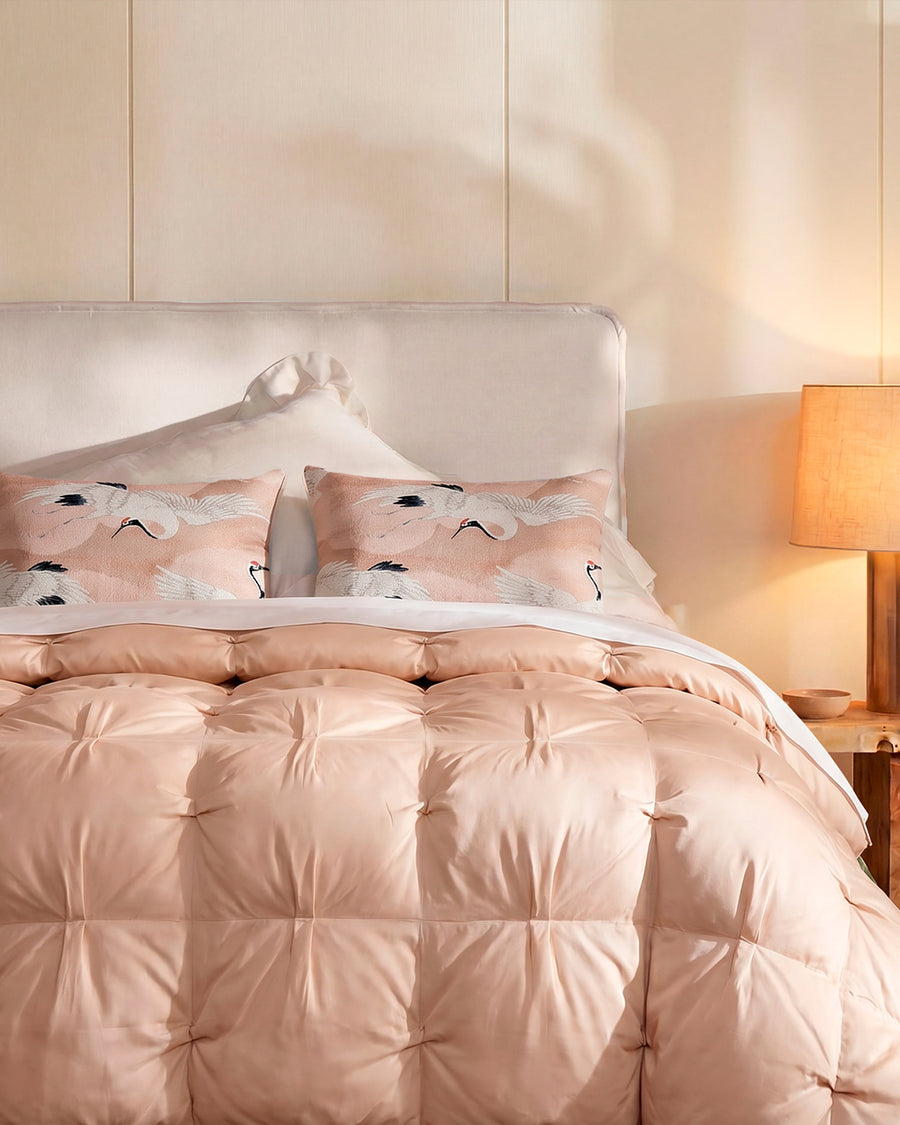 Sunday Citizen Premium Lumière Bubble Comforter and Crane in the Clouds Pillow Pink Sand Blush