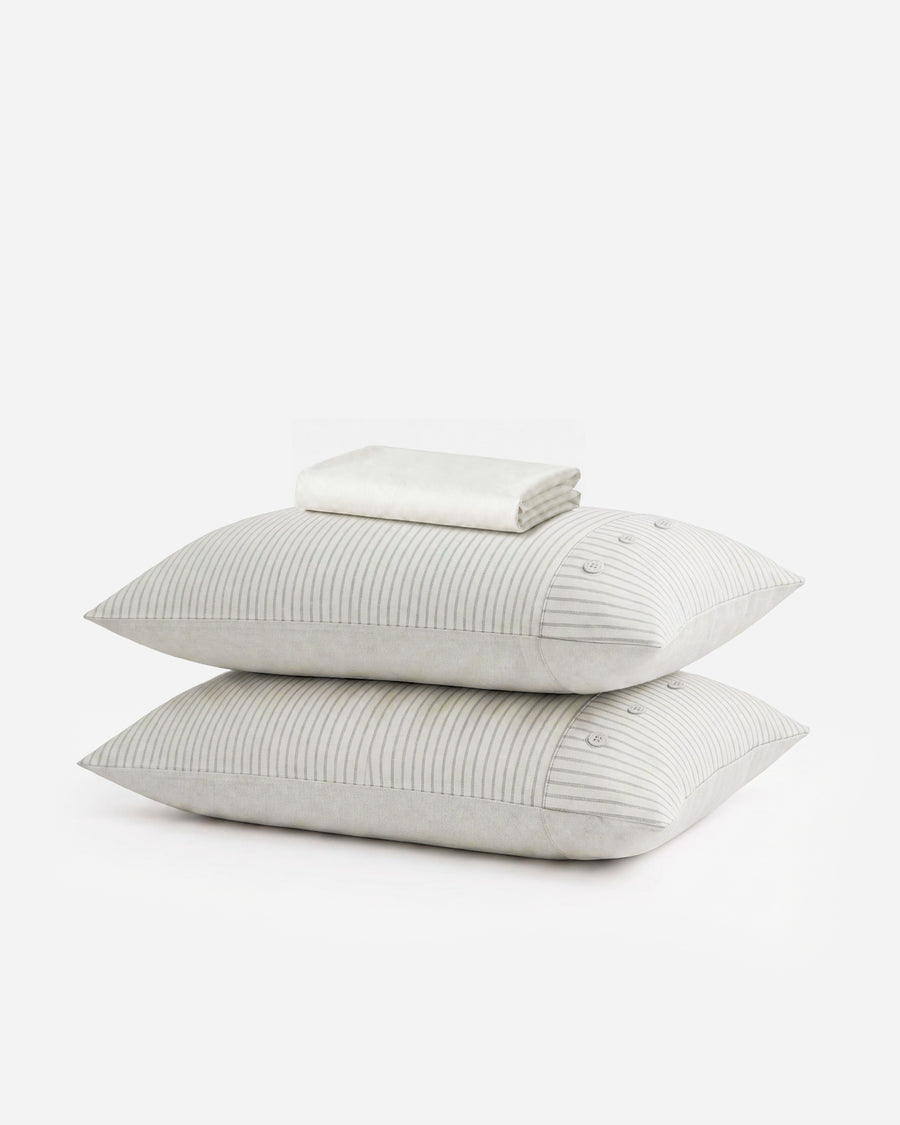 Salvia Reversible Cotton Mist  Fitted Sheet Set Light Sage - Off White