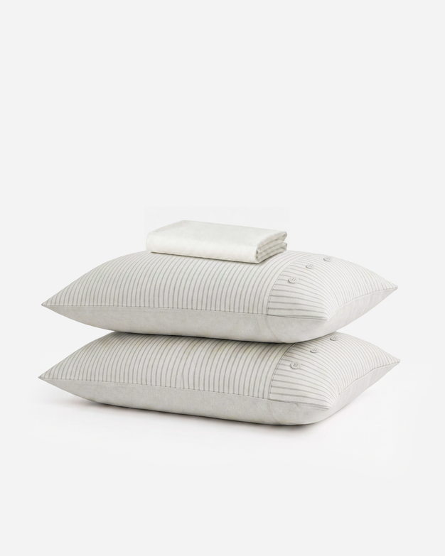 Salvia Reversible Cotton Mist  Fitted Sheet Set Light Sage - Off White