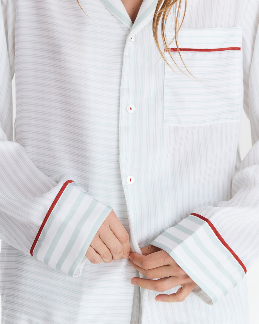 Sunday Citizen Silky Lyocell Mare Long PJ Set Misty Blue - White