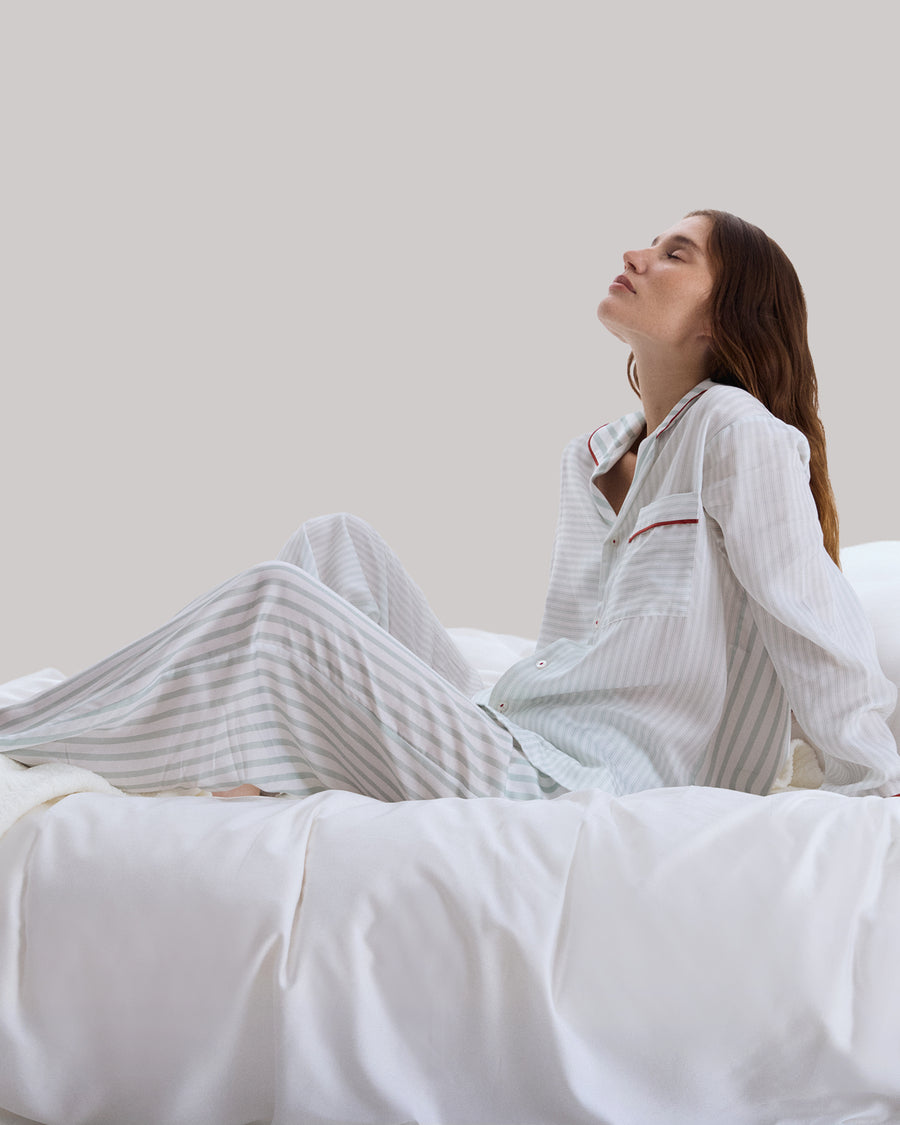 Sunday Citizen Silky Lyocell Mare Long PJ Set Misty Blue - White