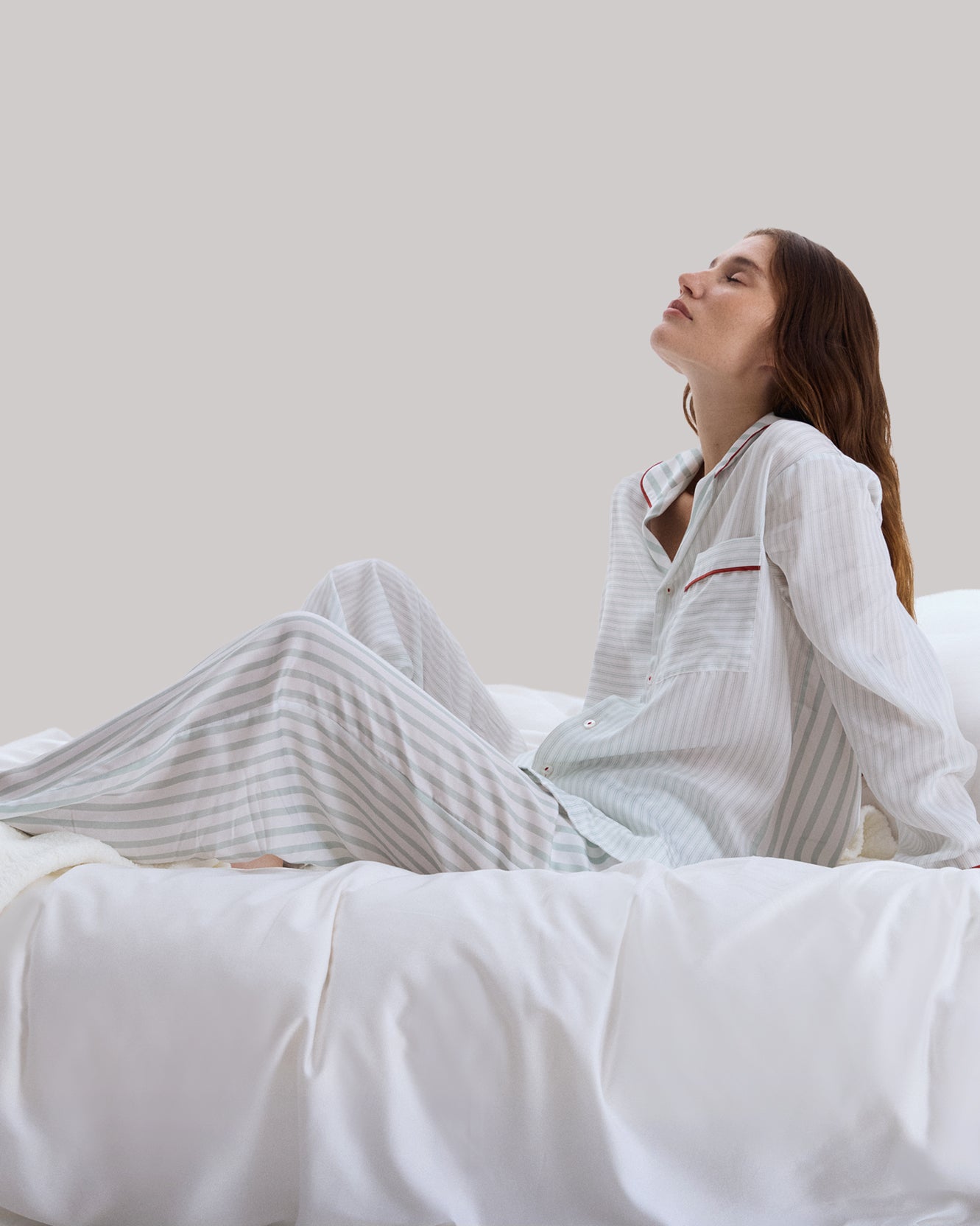 Sunday Citizen Silky Lyocell Mare Long PJ Set Misty Blue - White