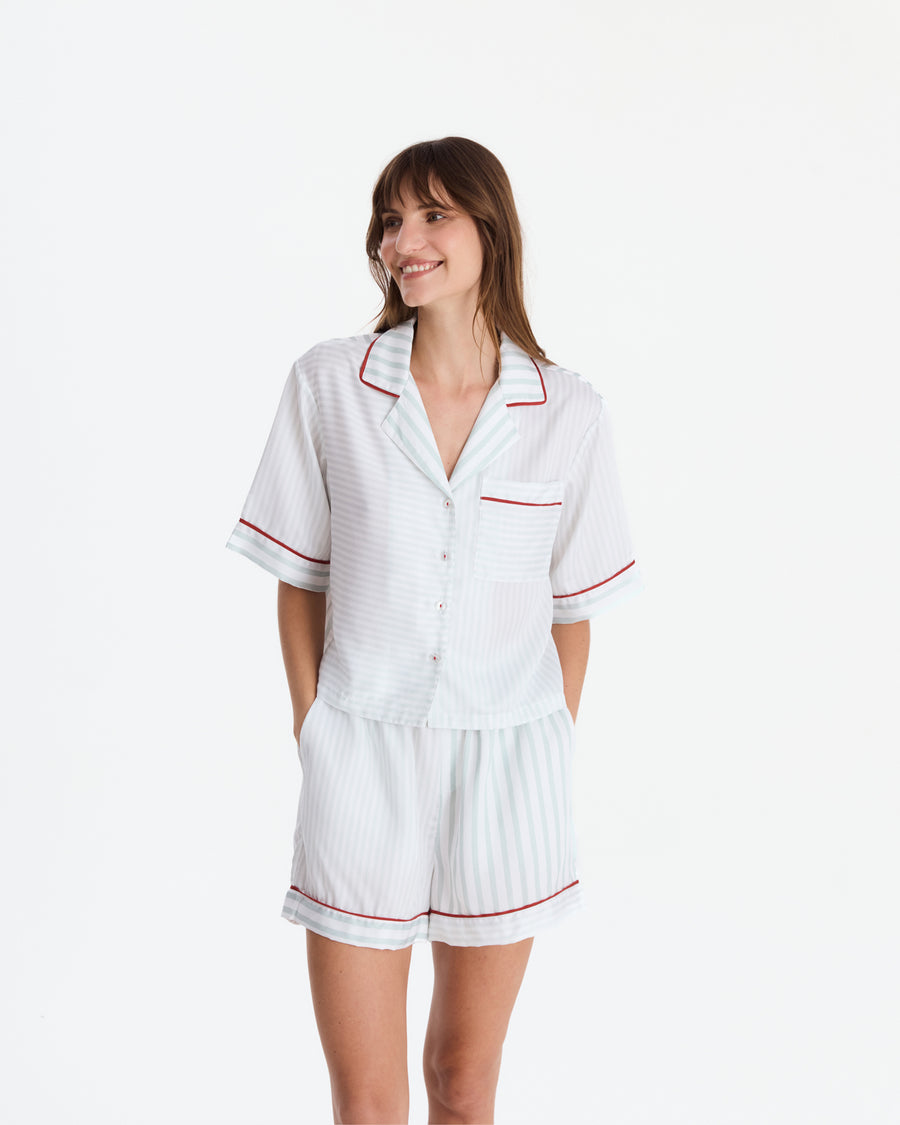 Sunday Citizen Silky Lyocell Mare Short PJ Set Misty Blue - White