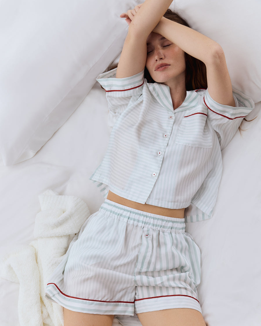 Sunday Citizen Silky Lyocell Mare Short PJ Set Misty Blue - White