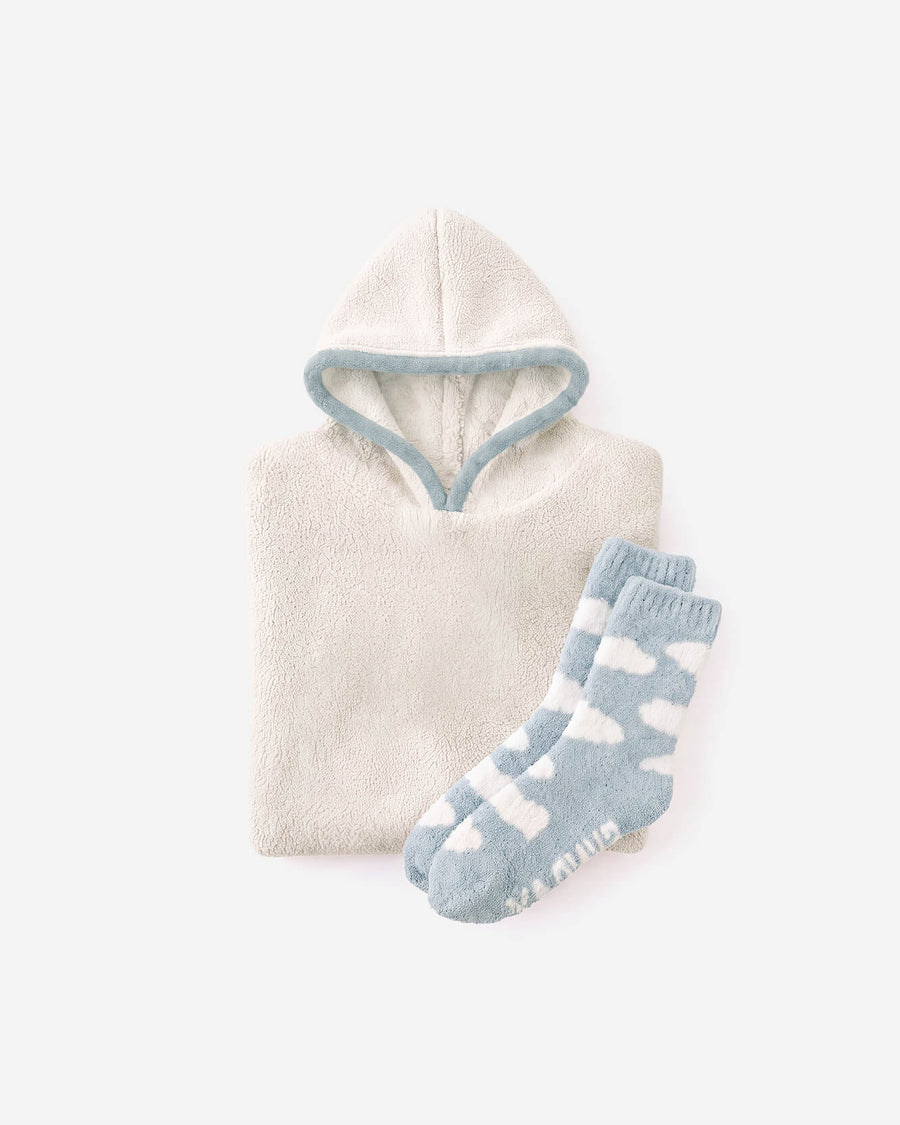 Snug Blanket Hoodie with Piping + Socks Bundle Off white - Misty Blue