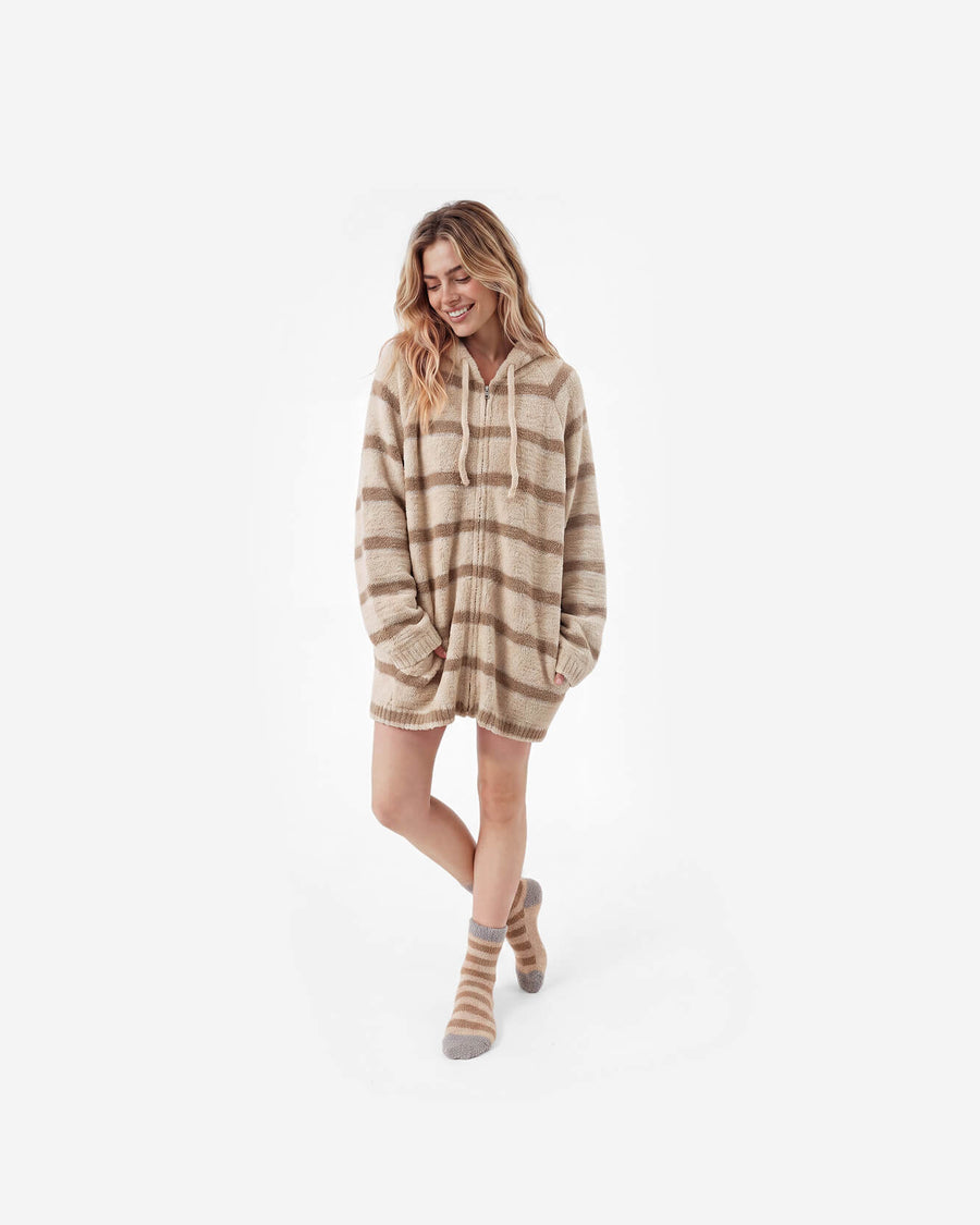 Snug Striped Zip Blanket Hoodie Sahara Tan - Cloud Grey
