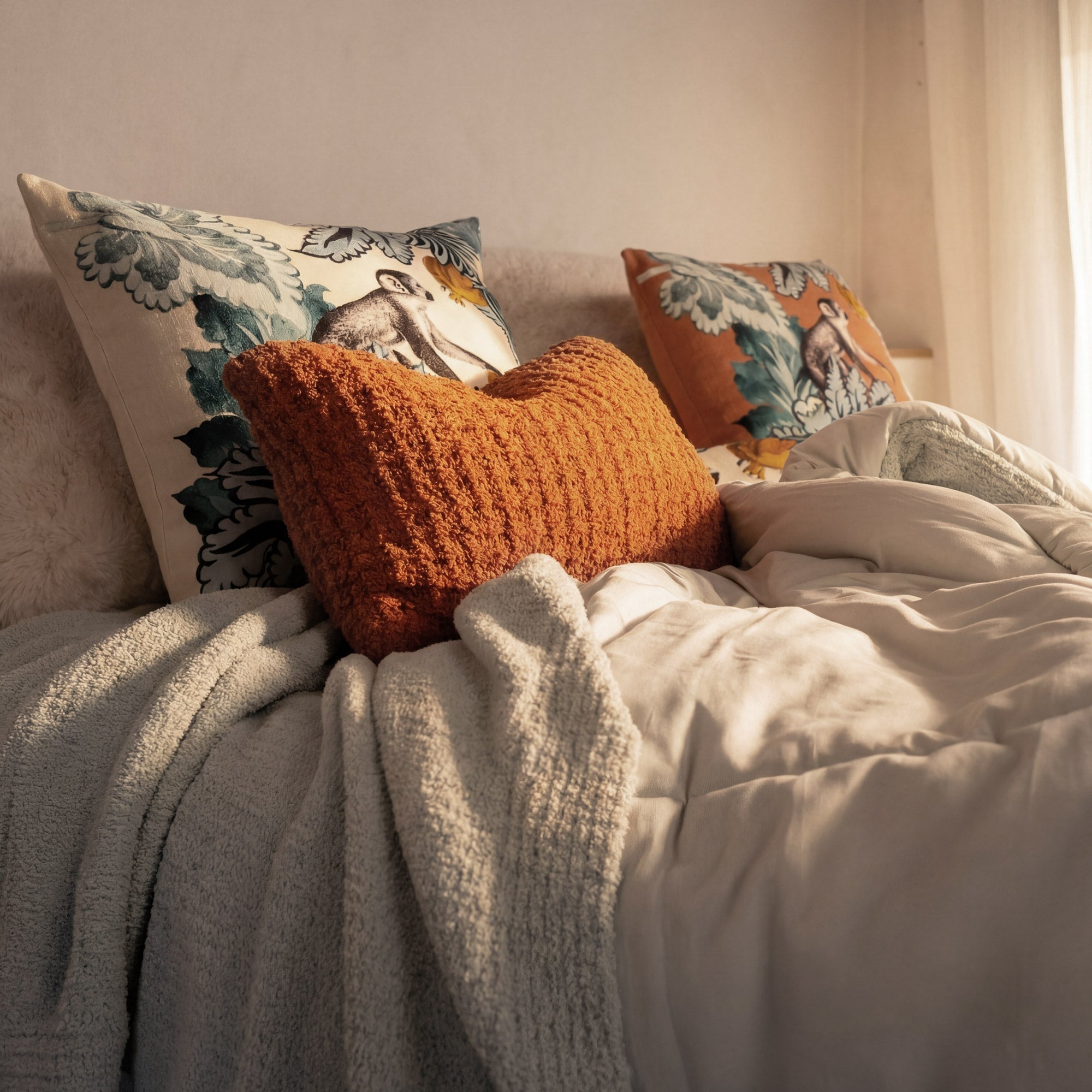 Sunday Citizen Snug Waffle Mini Pillow in Cinnamon Stick styled on a modern bed