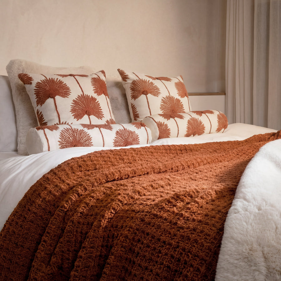 Sunday Citizen Palm Leaf Emb Throw Pillow in Sienna - Off White styled on a bed