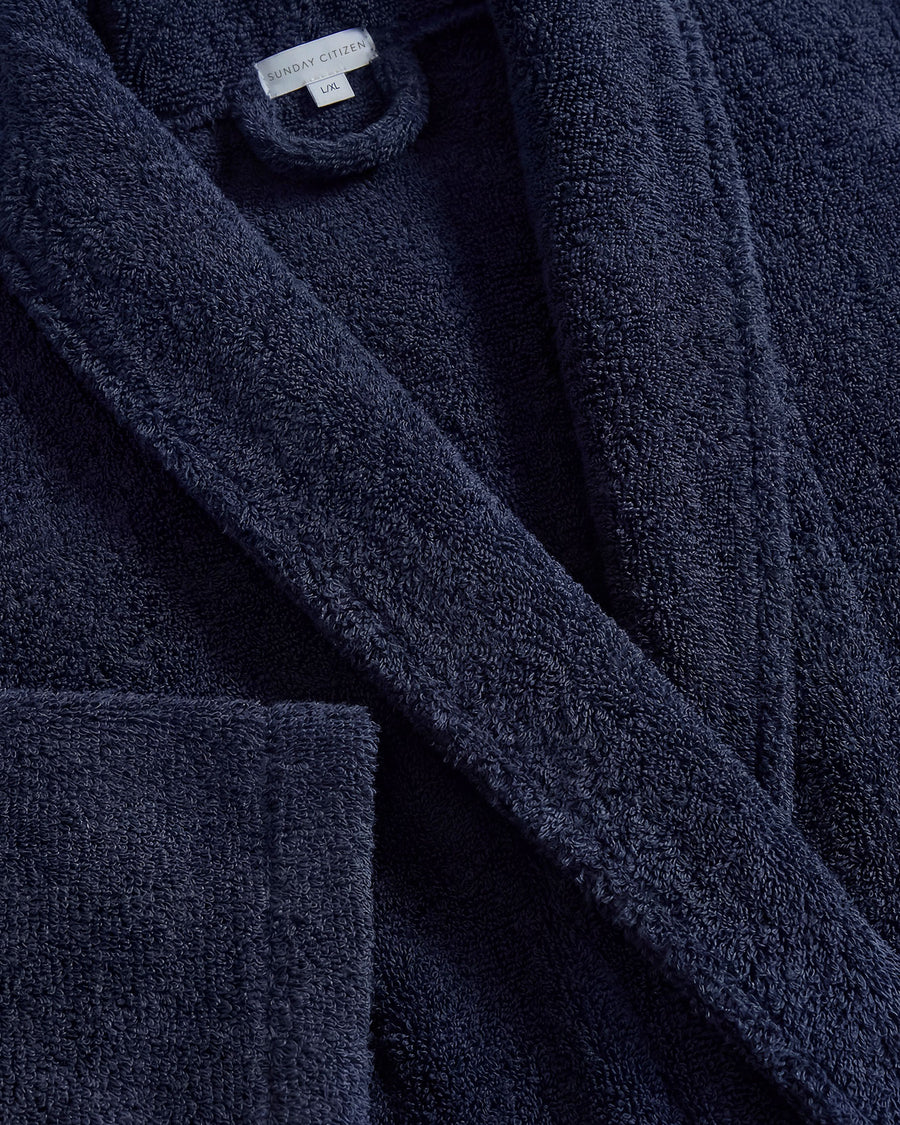 Sunday Citizen Spa Cotton Bathrobe in Baritone Blue close-up of soft fabric texture