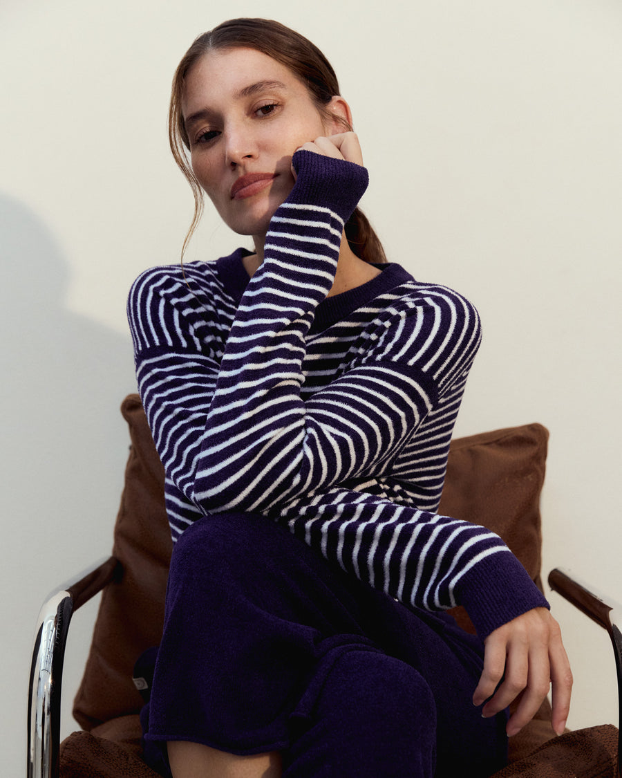 Sunday Citizen Striped Cloud Cool Light Cropped Sweater Off White - Marine Blue