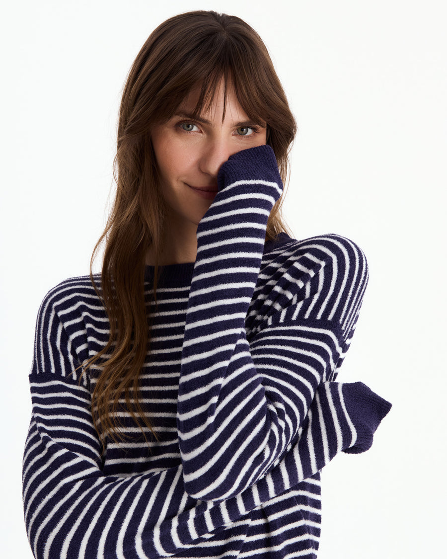 Sunday Citizen Striped Cloud Cool Light Cropped Sweater Off White - Marine Blue