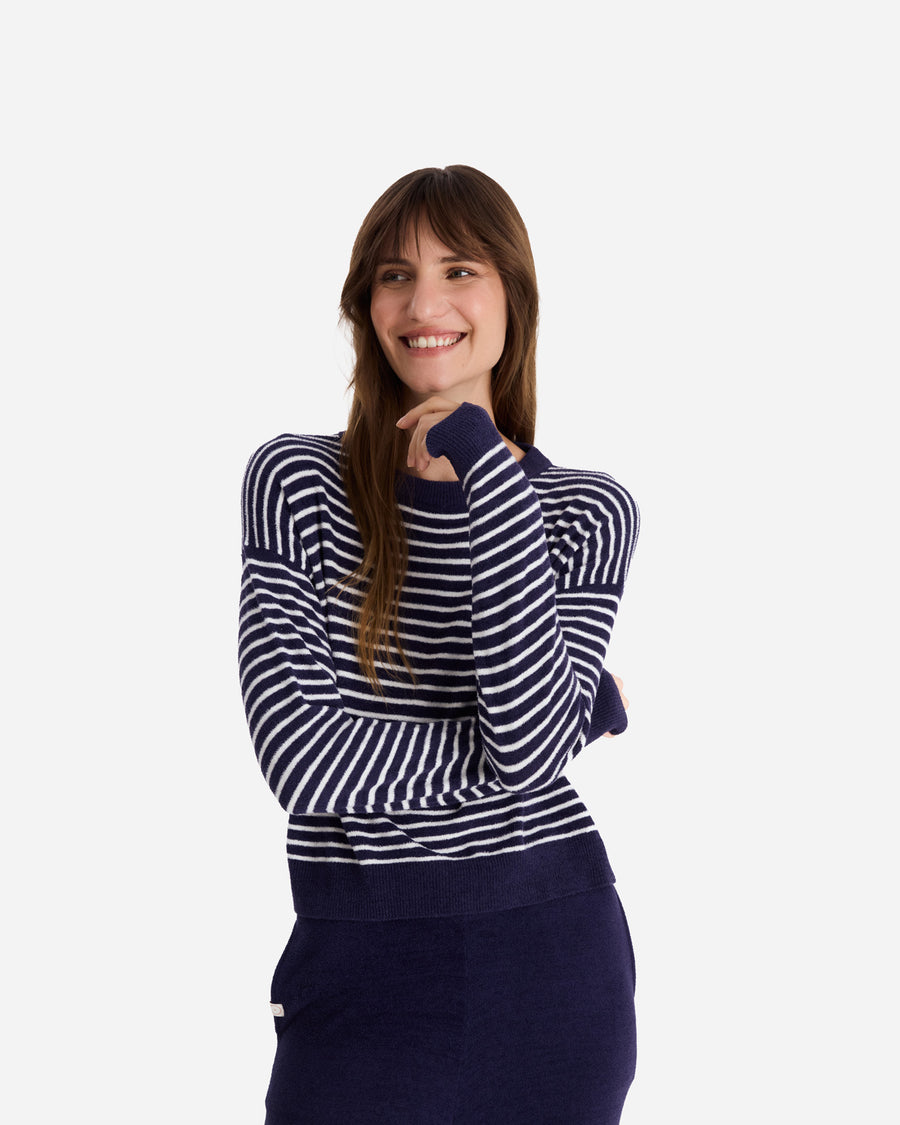 Sunday Citizen Striped Cloud Cool Light Cropped Sweater Off White - Marine Blue
