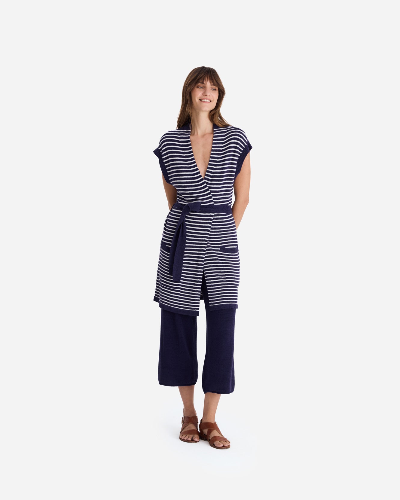 Sunday Citizen Striped Cloud Cool Light Short Cardigan Off White - Marine Blue