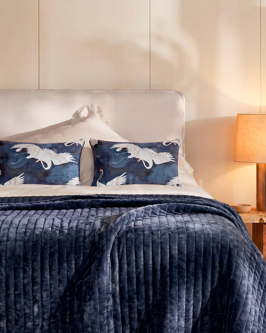 Sunday Citizen Velvet Quilt and Crane in the Clouds Pillow in Baritone Blue