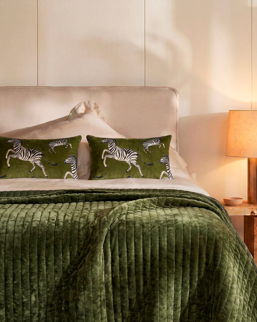 Sunday Citizen Velvet Quilt in Olive Leaf and Zebra Pillow in Cardamon Seed