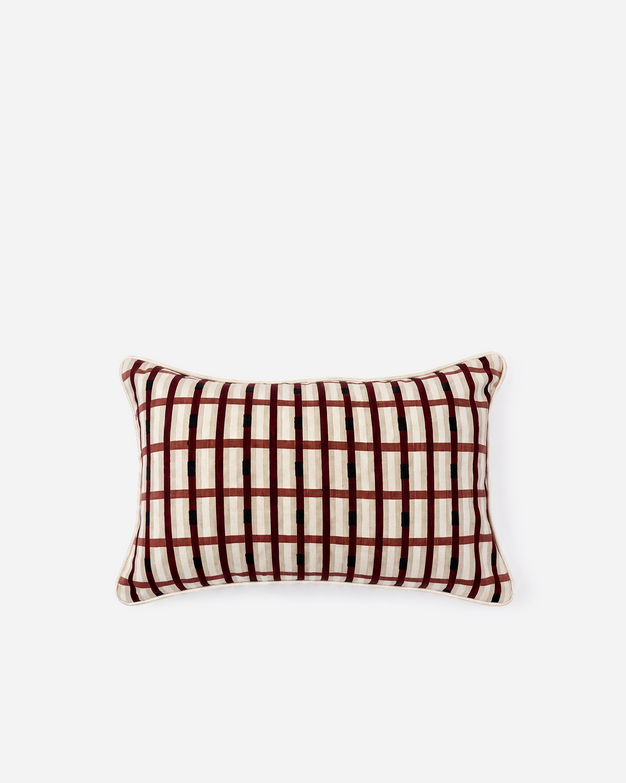 Woven Grid Small Lumbar Pillow Burgundy - Ivory