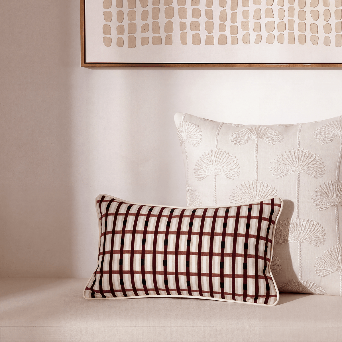 Woven Grid Small Lumbar Pillow Burgundy - Ivory