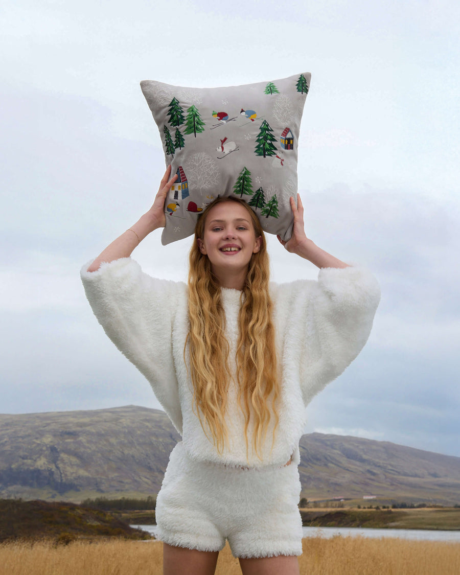 Velvet Bear Embroidery Throw Pillow Slate Grey 1 Slate Grey Off White